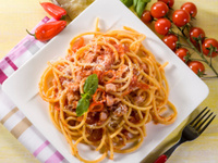 Спагети с бекон и домати
